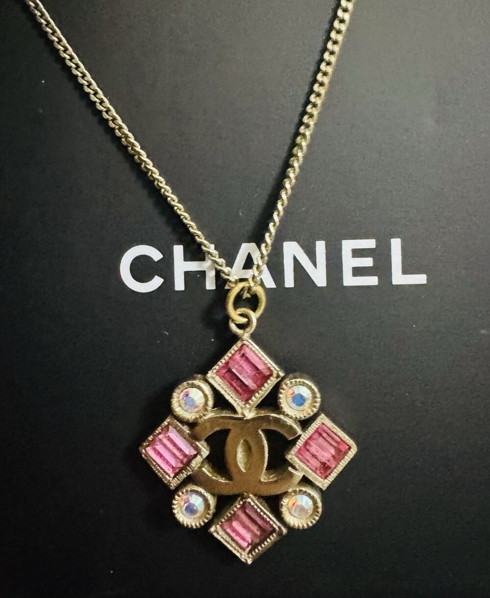 Chanel 2005P Crystal CC Logo Pendant Necklace Pink Stones Gold Tone